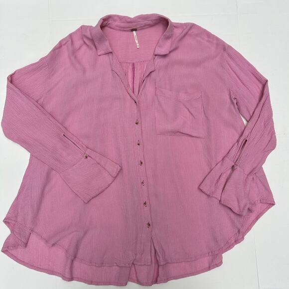 Free People Gauze Shirt Long Sleeve Pink Stripe Pocket High Low Button Up XS - Picture 3 of 11
